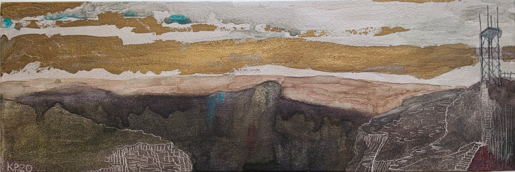 A painting of a canyon chasm in brown and gold with hints of teal.